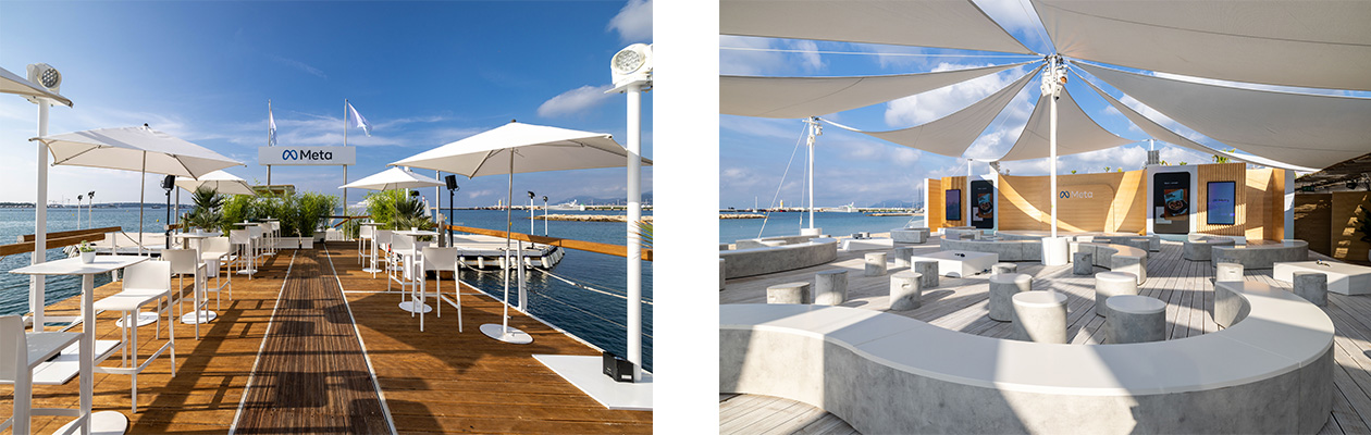A white umbrellas on a dock Description automatically generated